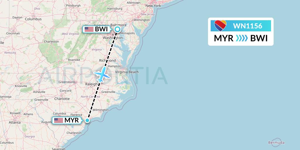 WN1156 Southwest Airlines Flight Map: Myrtle Beach to Baltimore