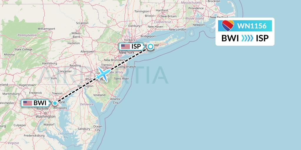 WN1156 Southwest Airlines Flight Map: Baltimore to Islip