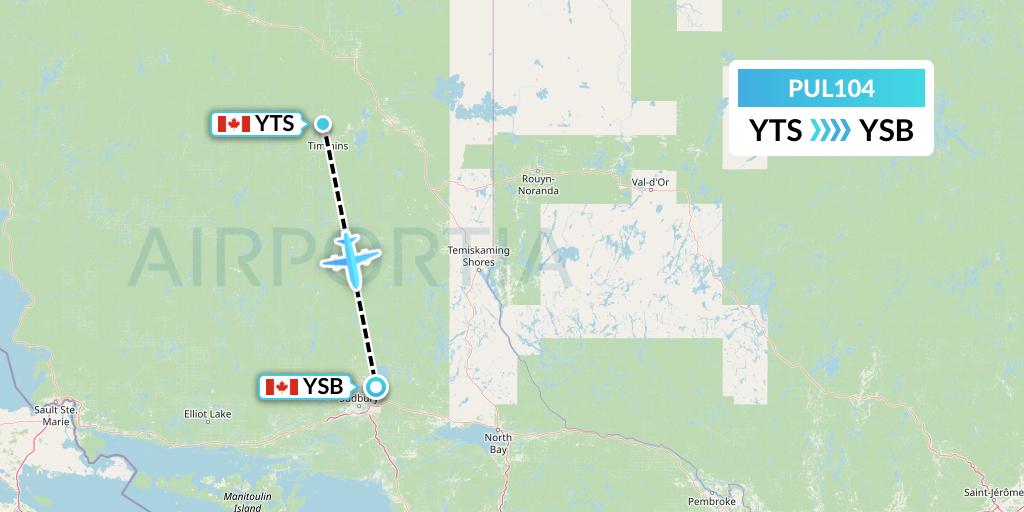 PUL104 Ornge Air Flight Map: Timmins to Sudbury