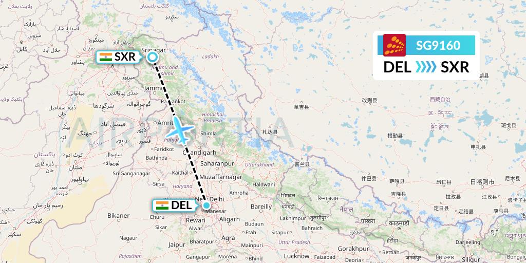 SG9160 SpiceJet Flight Map: Delhi to Srinagar