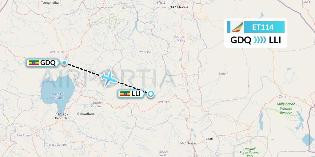 ET114 Ethiopian Airlines Flight Map: Gondar to Lalibela