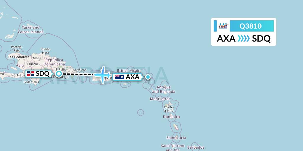 Q3810 Anguilla Air Services Flight Map: The Valley to Santo Domingo
