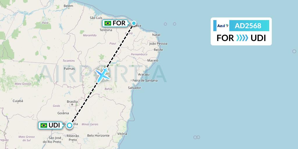 AD2568 Azul Brazilian Airlines Flight Map: Fortaleza to Uberlandia