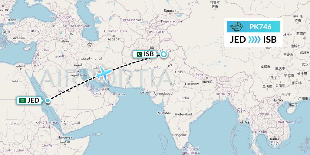 PK746 Pakistan International Airlines Flight Map: Jeddah to Islamabad
