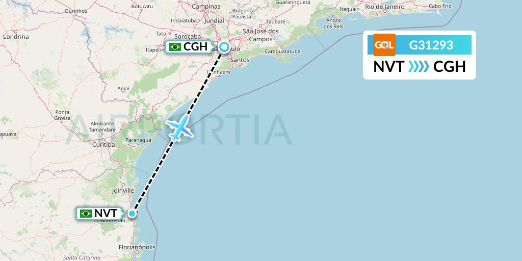 G31293 GOL Transportes Aeros Flight Map: Navegantes to Sao Paulo