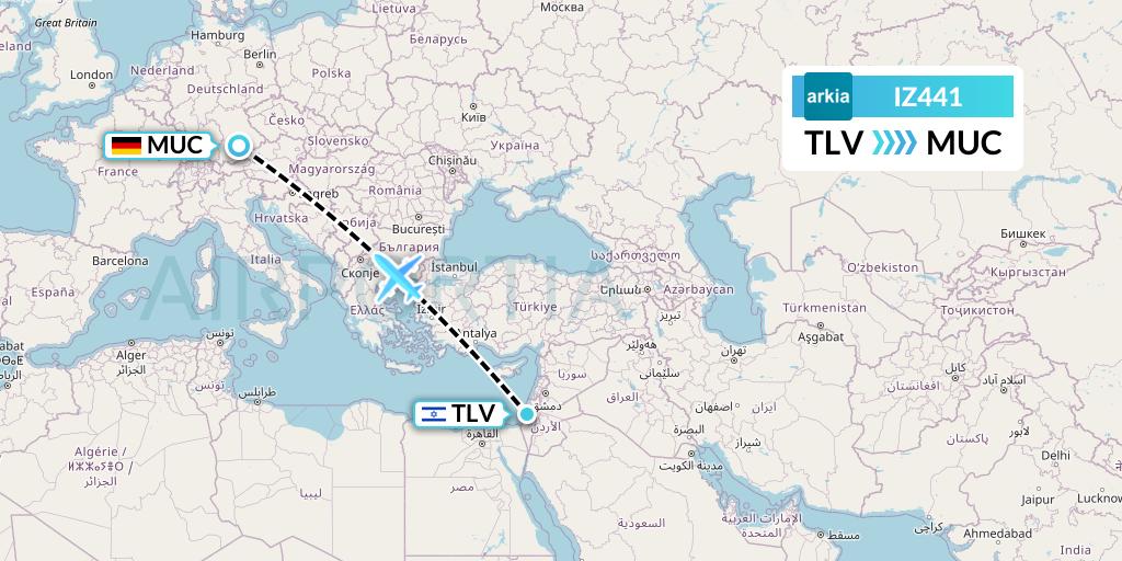 IZ441 Arkia Israeli Airlines Flight Map: Tel Aviv to Munich