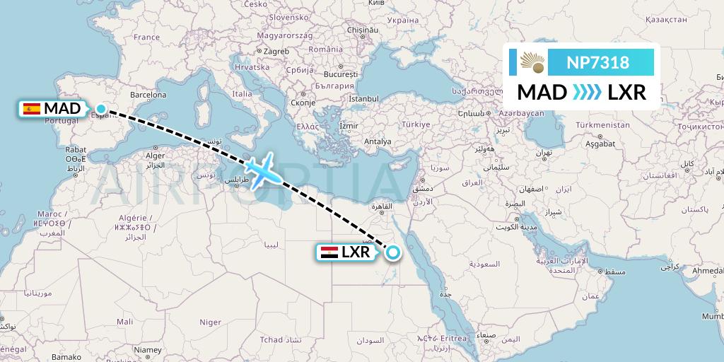 NP7318 Nile Air Flight Map: Madrid to Luxor