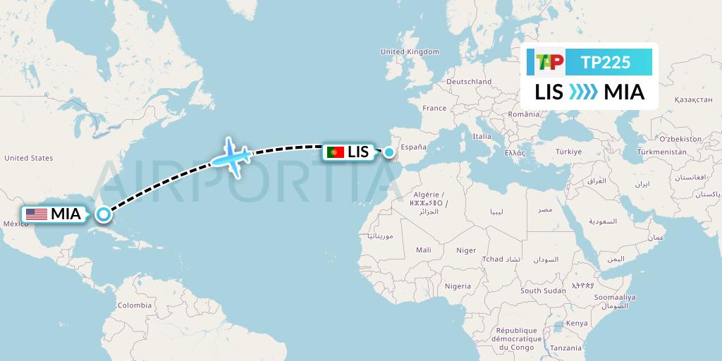 TP225 TAP Portugal Flight Map: Lisbon to Miami