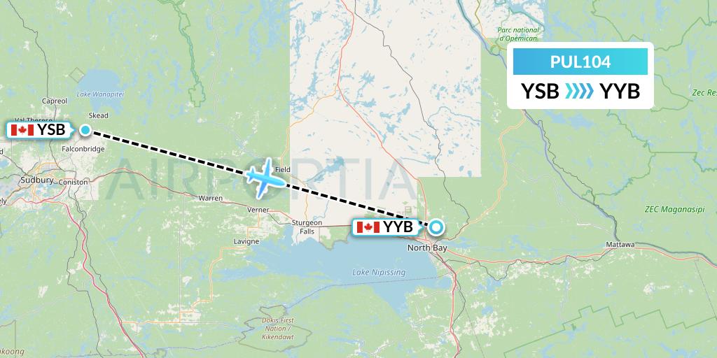 PUL104 Ornge Air Flight Map: Sudbury to North Bay