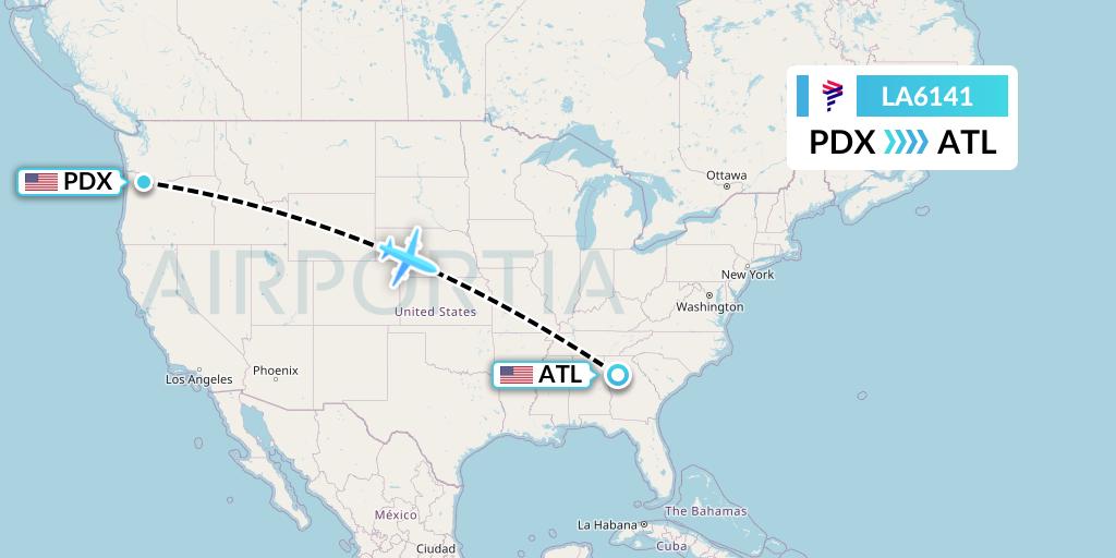 LA6141 LAN Airlines Flight Map: Portland to Atlanta