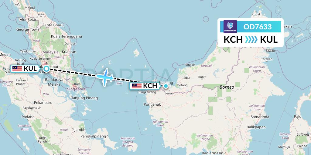 OD7633 Batik Air Malaysia Flight Map: Kuching to Kuala Lumpur