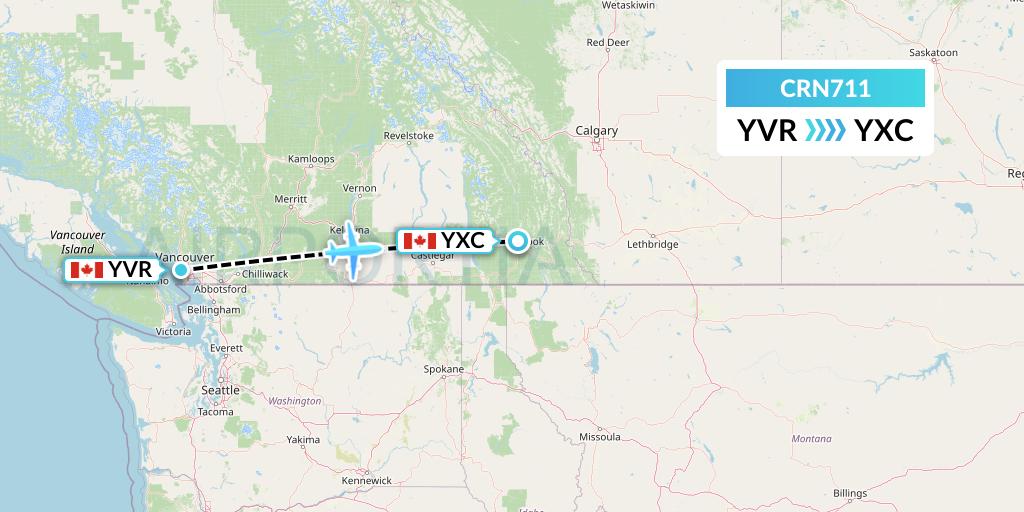 CRN711 Aerocaribbean Flight Map: Vancouver to Cranbrook