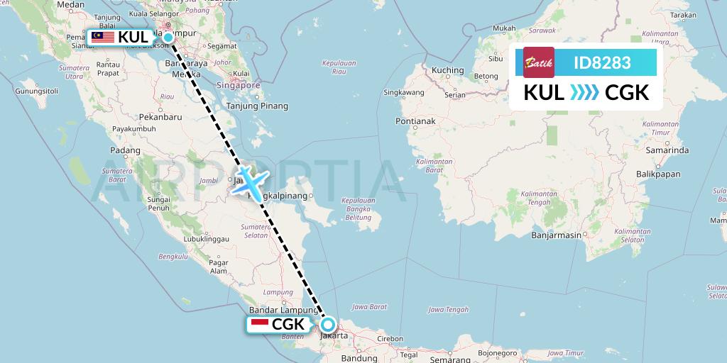 ID8283 Batik Air Flight Map: Kuala Lumpur to Jakarta