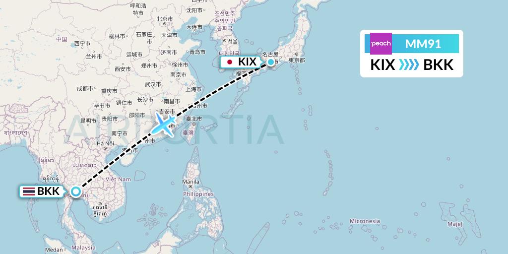 MM91 Peach Aviation Flight Map: Osaka to Bangkok