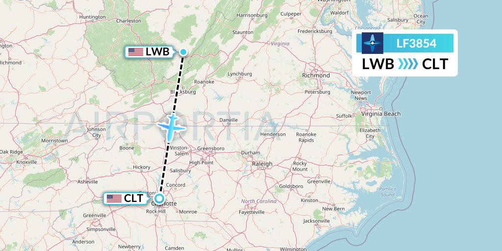 LF3854 Corporate Flight Management Flight Map: Lewisburg to Charlotte
