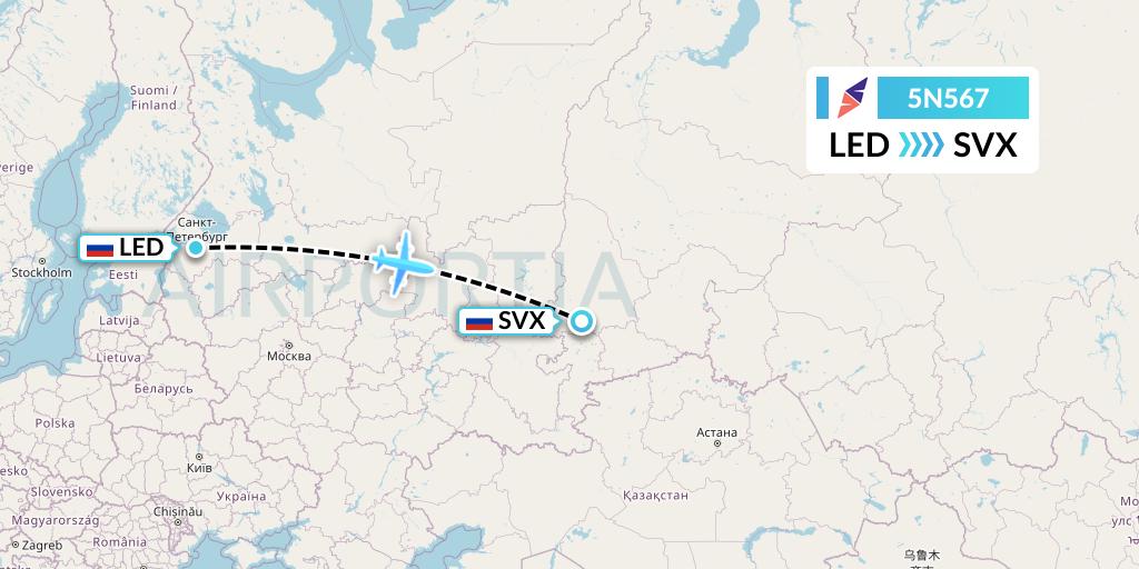 5N567 Nordavia Flight Map: St. Petersburg to Yekaterinburg