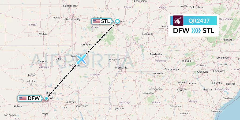 QR2437 Qatar Airways Flight Map: Dallas to St. Louis