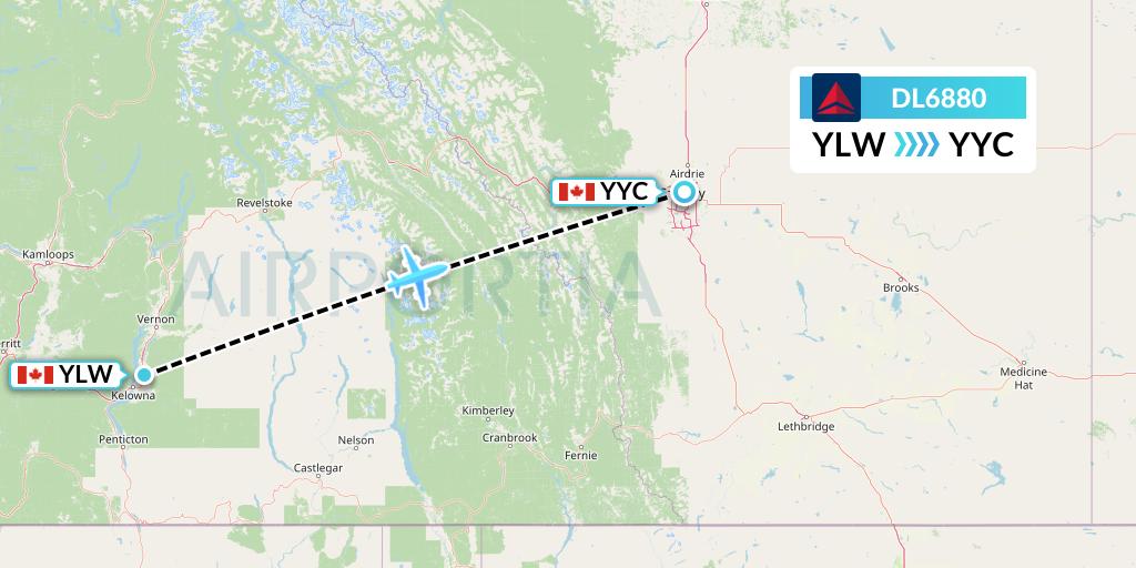 DL6880 Delta Air Lines Flight Map: Kelowna to Calgary