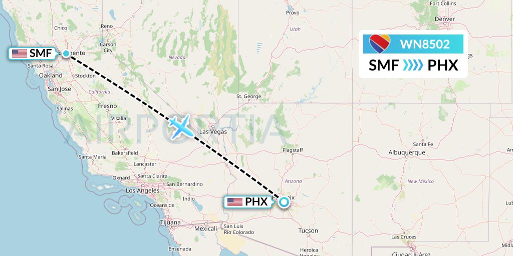 WN8502 Southwest Airlines Flight Map: Sacramento to Phoenix