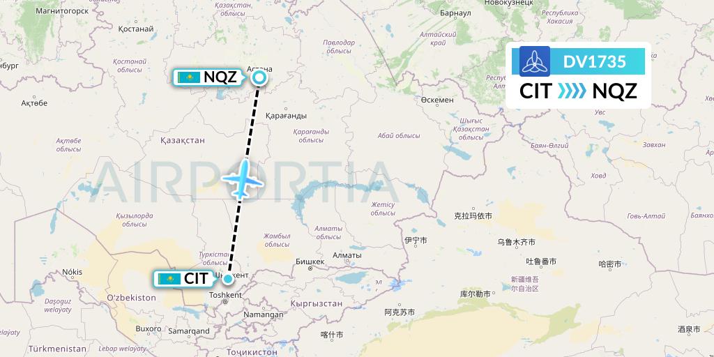 DV1735 SCAT Flight Map: Shymkent to Astana