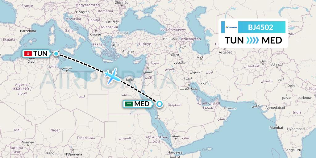 BJ4502 Nouvelair Tunisie Flight Map: Tunis to Medina