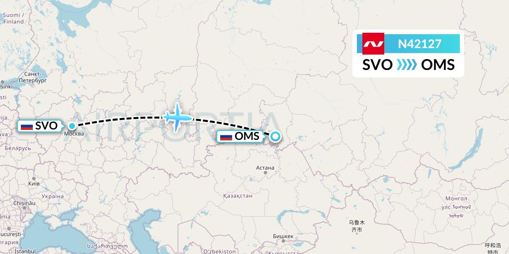 N42127 Nordwind Airlines Flight Map: Moscow to Omsk