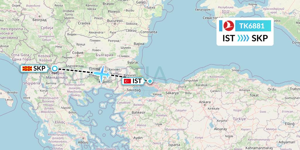 TK6881 Turkish Airlines Flight Map: Istanbul to Skopje