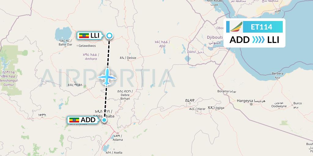 ET114 Ethiopian Airlines Flight Map: Addis Ababa to Lalibela