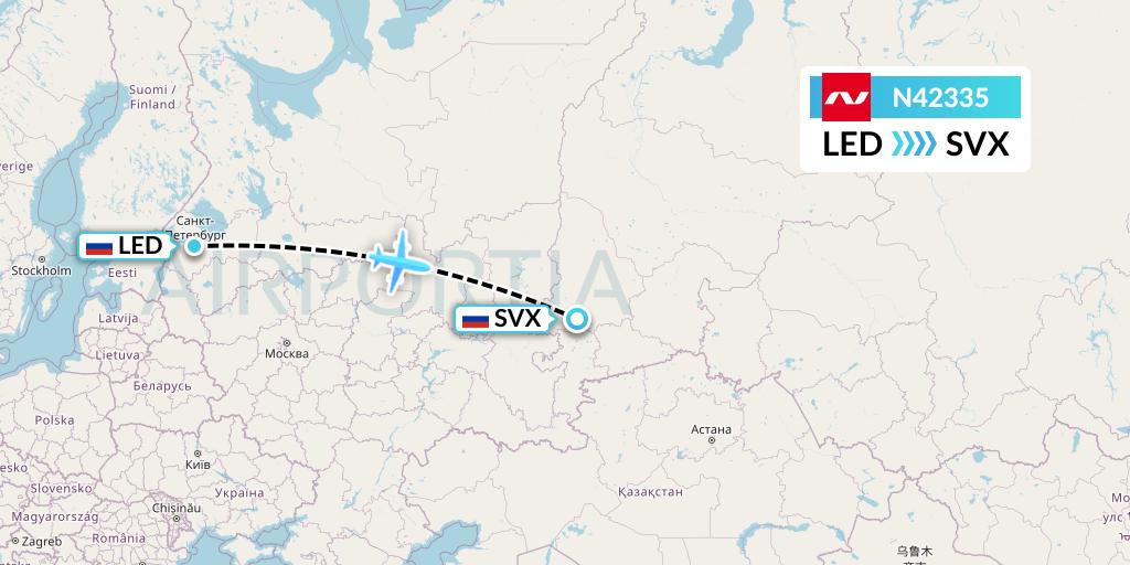 N42335 Nordwind Airlines Flight Map: St. Petersburg to Yekaterinburg