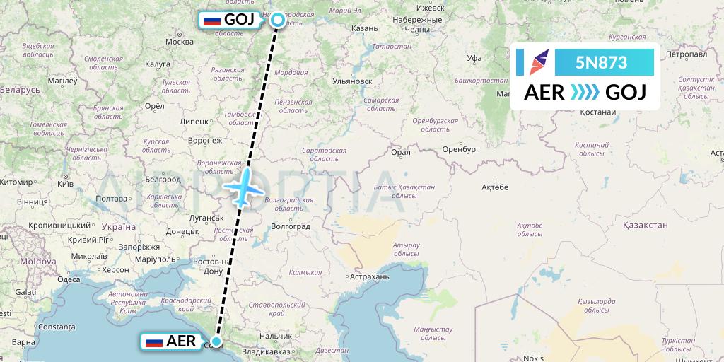 5N873 Nordavia Flight Map: Sochi to Nizhny Novgorod
