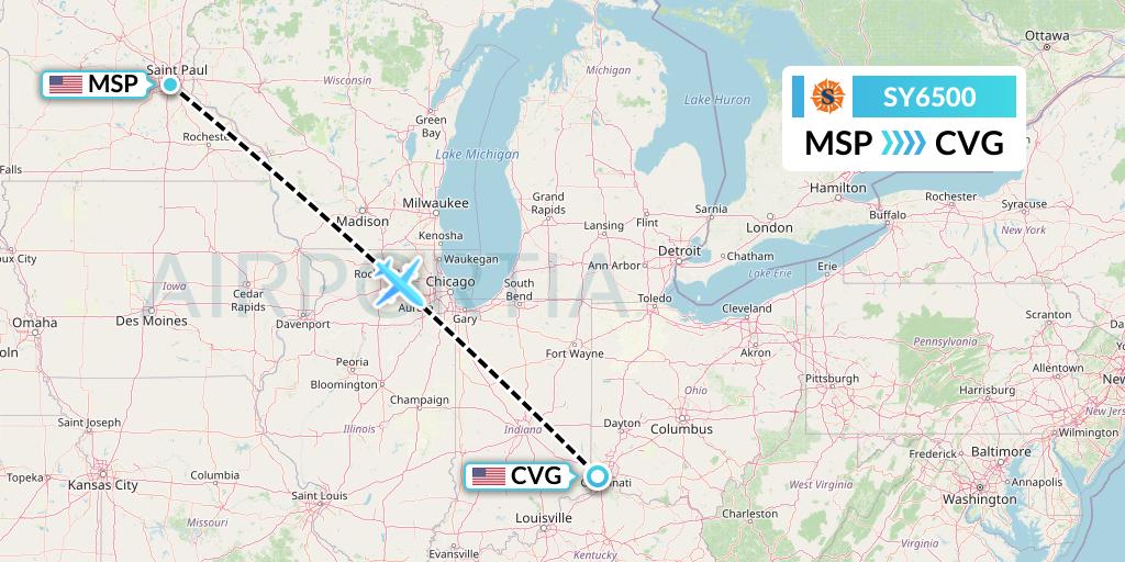 SY6500 Sun Country Airlines Flight Map: Minneapolis to Cincinnati