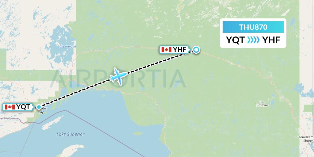 THU870 Thunder Airlines Flight Map: Thunder Bay to Hearst