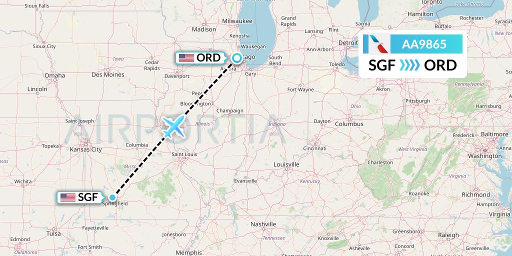 AA9865 American Airlines Flight Map: Springfield to Chicago