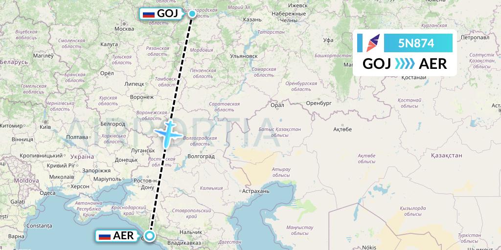 5N874 Nordavia Flight Map: Nizhny Novgorod to Sochi