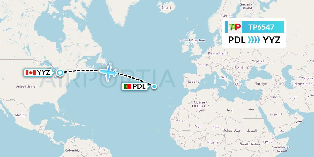 TP6547 TAP Portugal Flight Map: Ponta Delgada to Toronto
