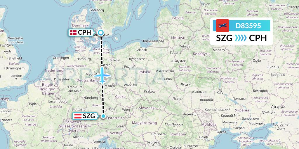 D83595 Norwegian Air International Flight Map: Salzburg to Copenhagen