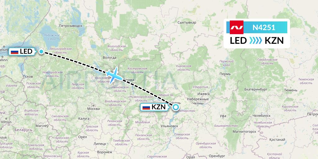 N4251 Nordwind Airlines Flight Map: St. Petersburg to Kazan