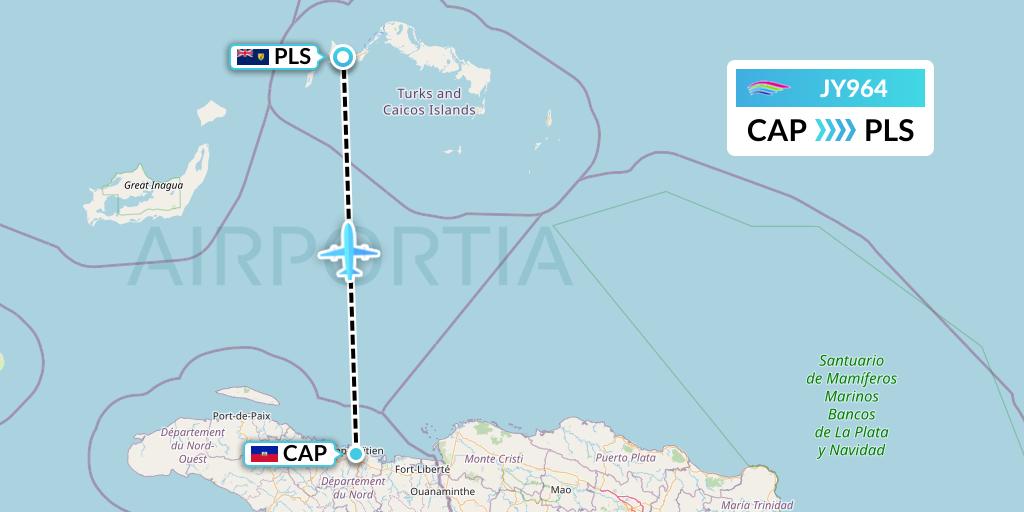 JY964 InterCaribbean Airways Flight Map: Cap-Haitien to Providenciales
