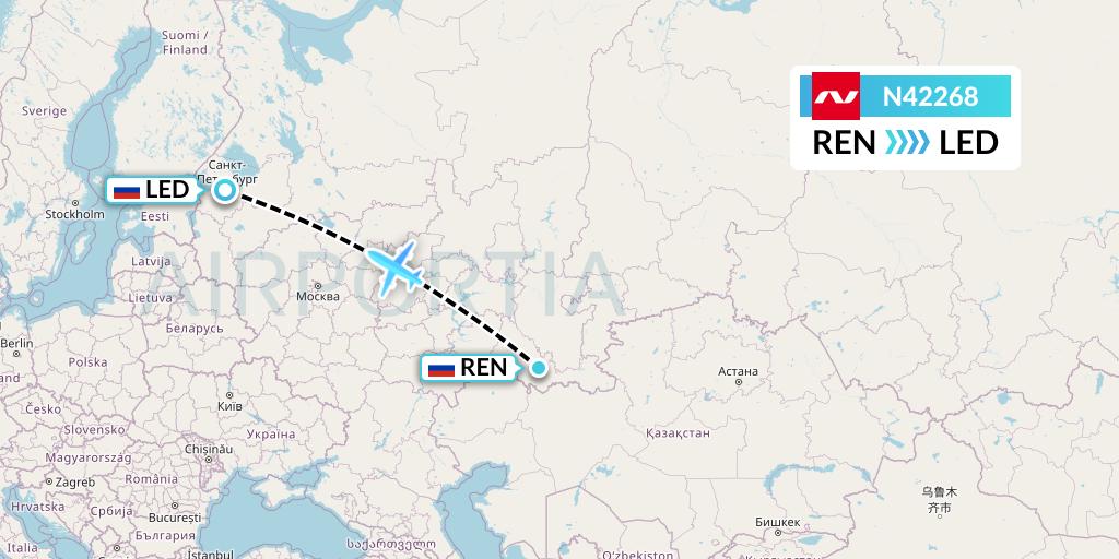 N42268 Nordwind Airlines Flight Map: Orenburg to St. Petersburg