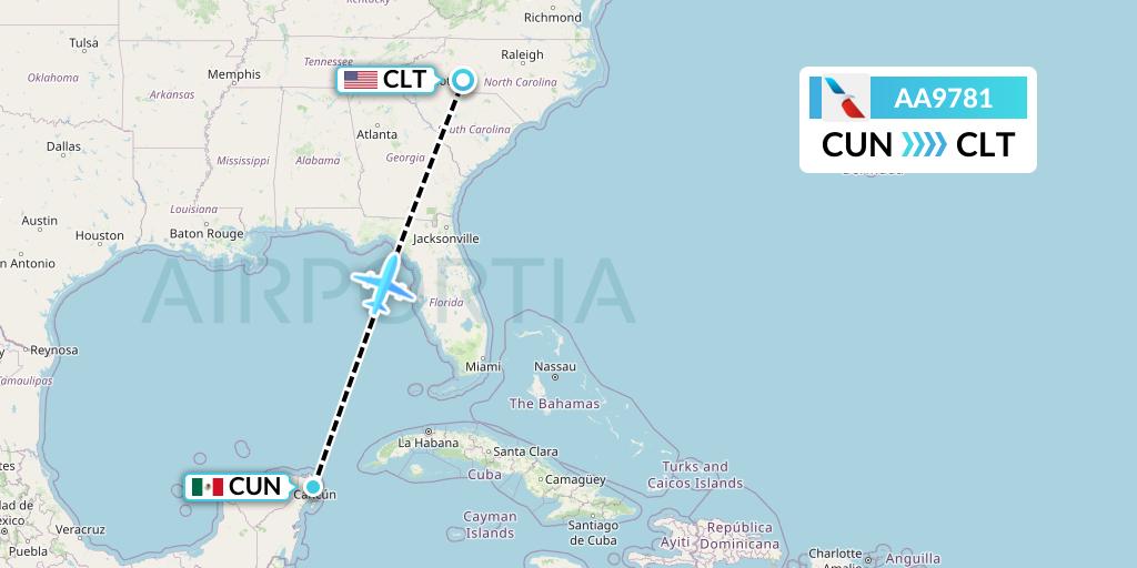 AA9781 American Airlines Flight Map: Cancun to Charlotte
