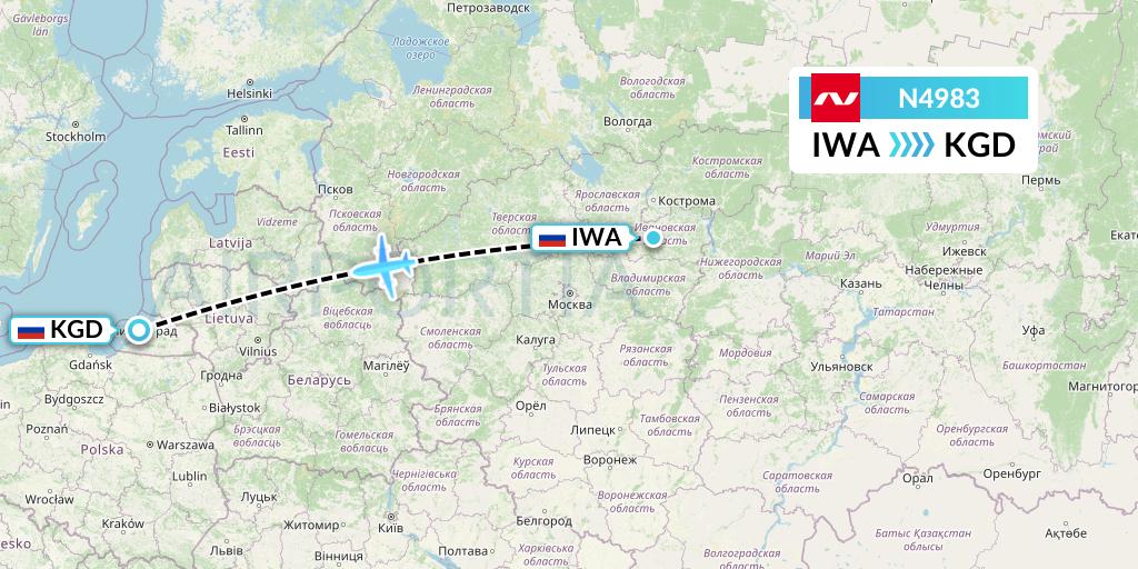 N4983 Nordwind Airlines Flight Map: Ivanovo to Kaliningrad