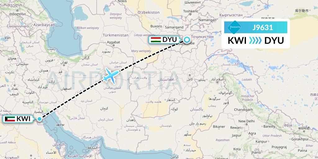 J9631 Jazeera Airways Flight Map: Kuwait City to Dushanbe
