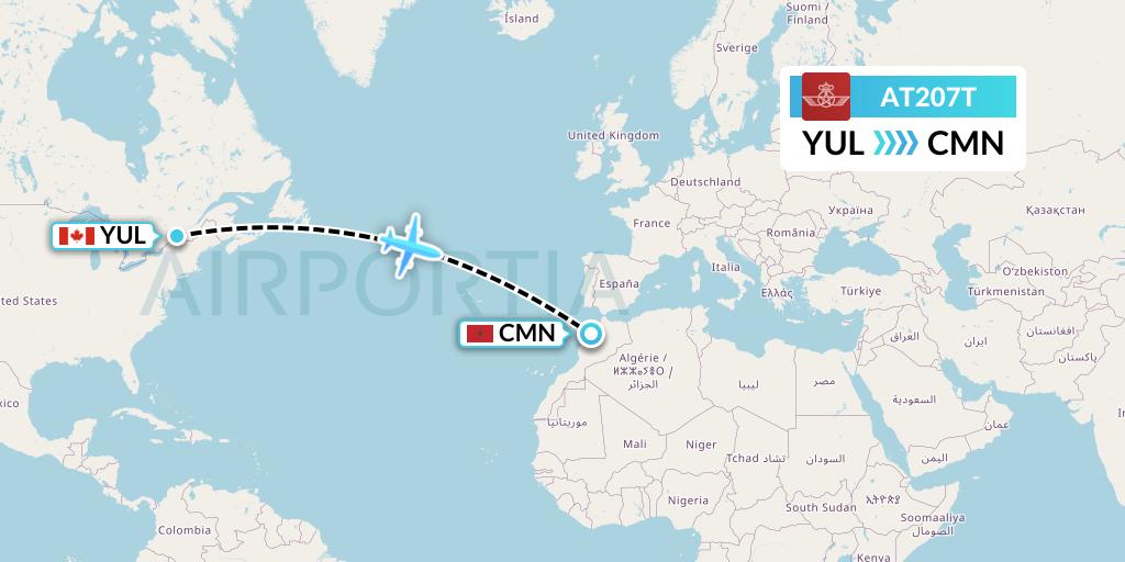 AT207T Royal Air Maroc Flight Map: Montreal to Casablanca