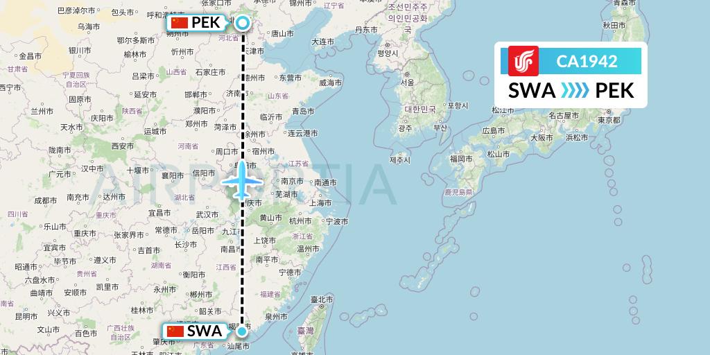 CA1942 Air China Flight Map: Jieyang to Beijing