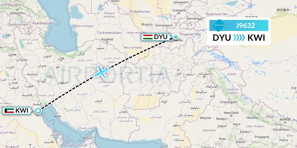 J9632 Jazeera Airways Flight Map: Dushanbe to Kuwait City