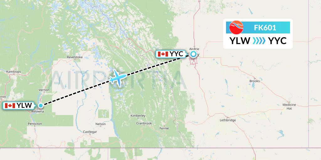 FK601 Kelowna Flightcraft Air Flight Map: Kelowna to Calgary