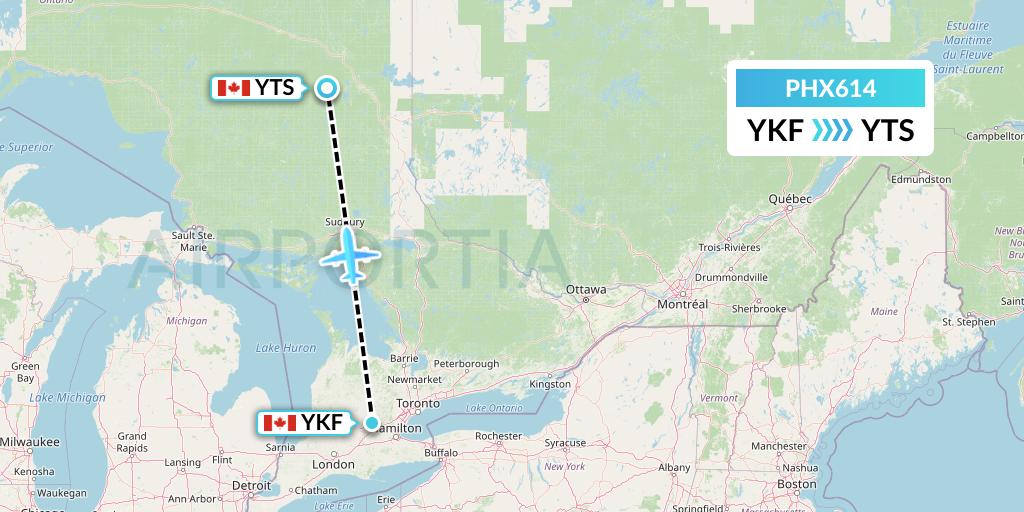 PHX614 SkyCare Flight Map: Waterloo to Timmins