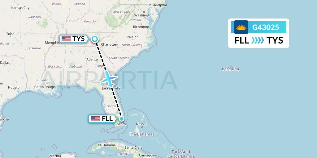 G43025 Allegiant Air Flight Map: Fort Lauderdale to Knoxville