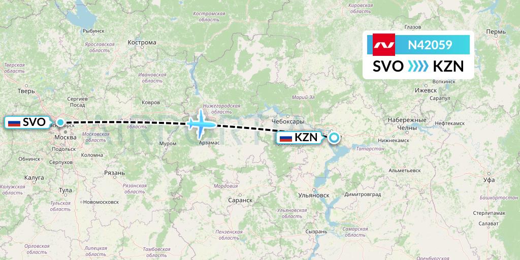N42059 Nordwind Airlines Flight Map: Moscow to Kazan