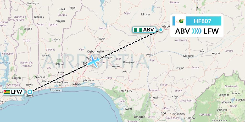 HF807 Air Cote d'Ivoire Flight Map: Abuja to Lome